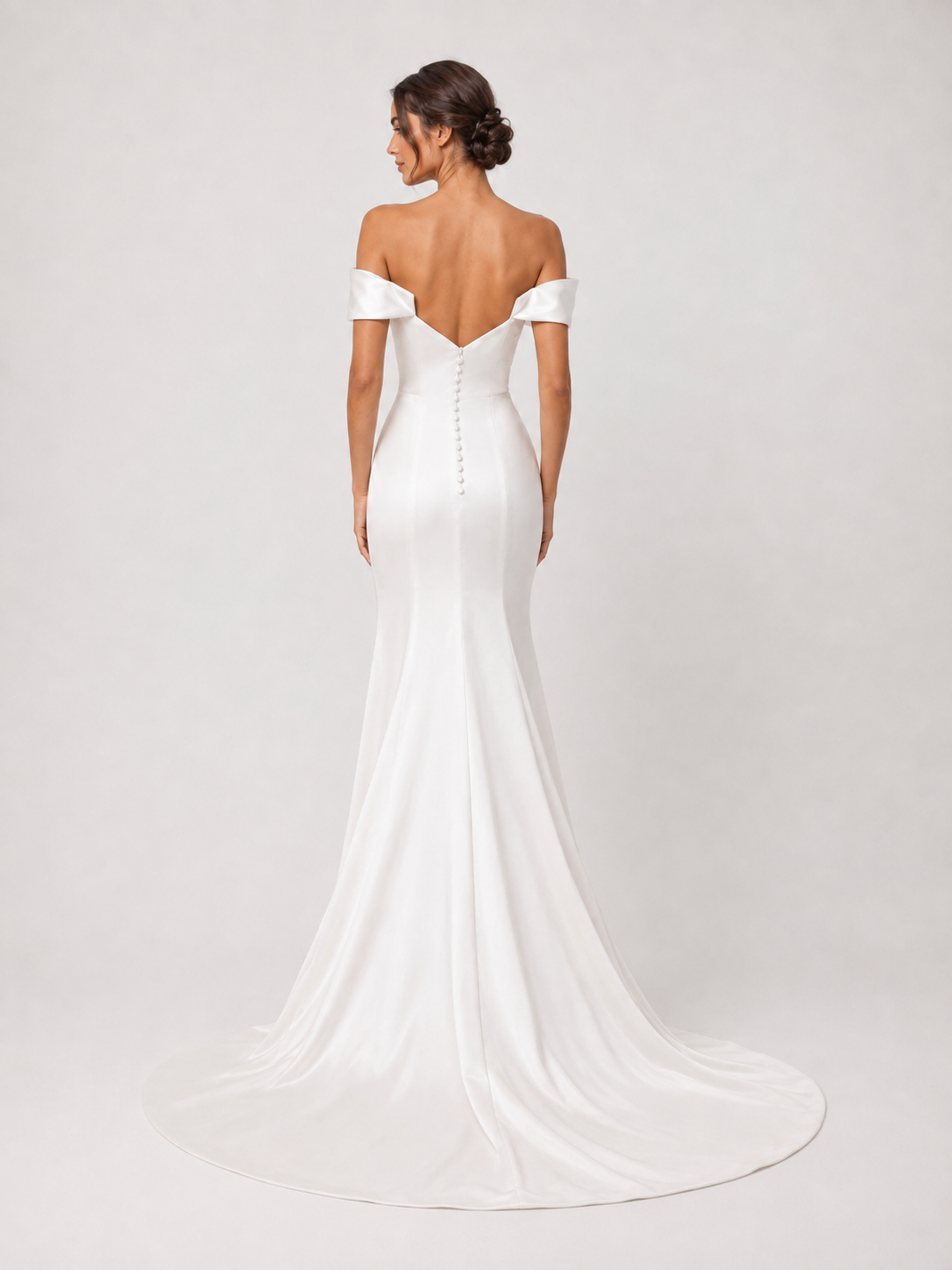 Elegant Off-the-Schouder Ruched Satin Mermaid Wedding Dress with High Slit and Chapel Train