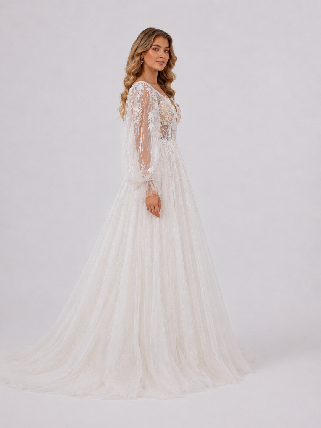 Elegant Long Sleeve Deep V-Neck Lace Tulle A-Line Wedding Dress with Chapel Train