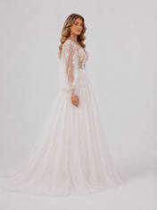 Elegant Long Sleeve Deep V-Neck Lace Tulle A-Line Wedding Dress with Chapel Train