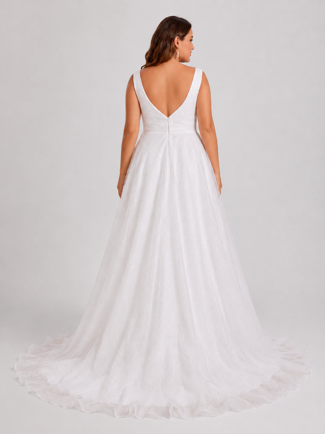 Elegant V-Neck Sparkly Tulle A-Line Wedding Dress with Chapel Train