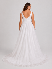 Elegant V-Neck Sparkly Tulle A-Line Wedding Dress with Chapel Train