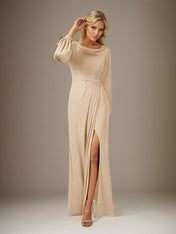 Champagne A Line Chiffon Round Neck Long Sleeves Floor Length Dress