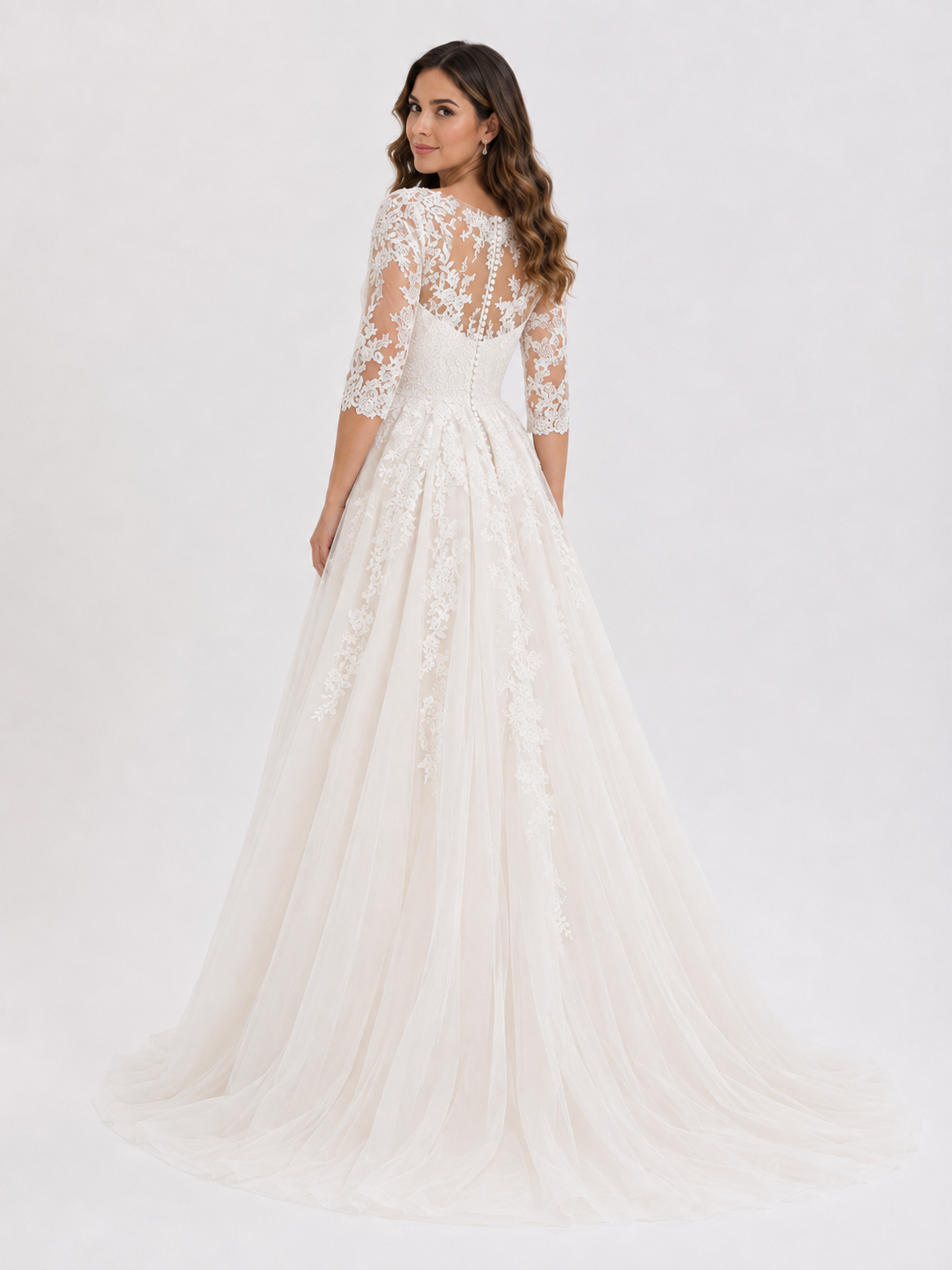 Elegant Illusion Lace Applique A-Line Wedding Dress with Sweep Train