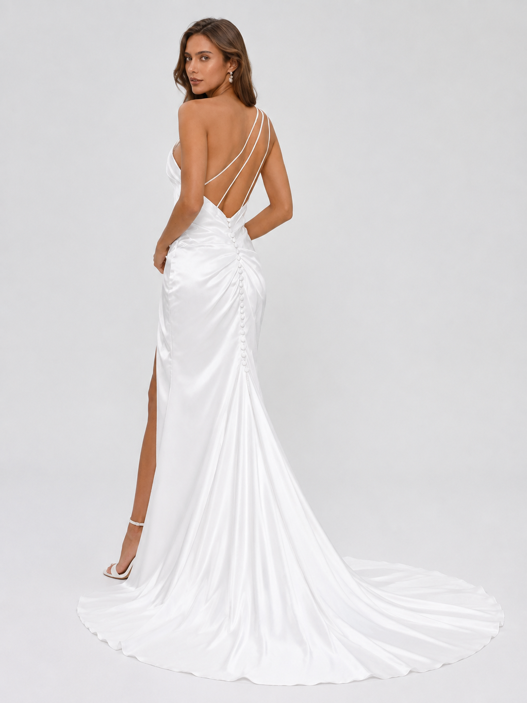 Elegant One-Shoulder Ruched Satin Sheath Wedding Dress with High Slit and Chapel Train