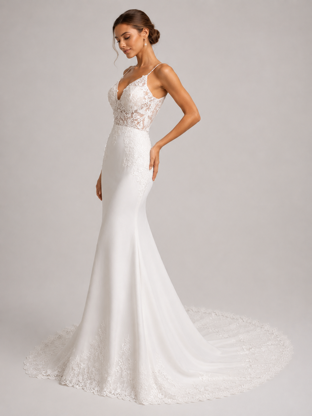 Elegant Spaghetti Strap Illusion Lace Bodice Satin Sheath Wedding Dress with Sweep Train