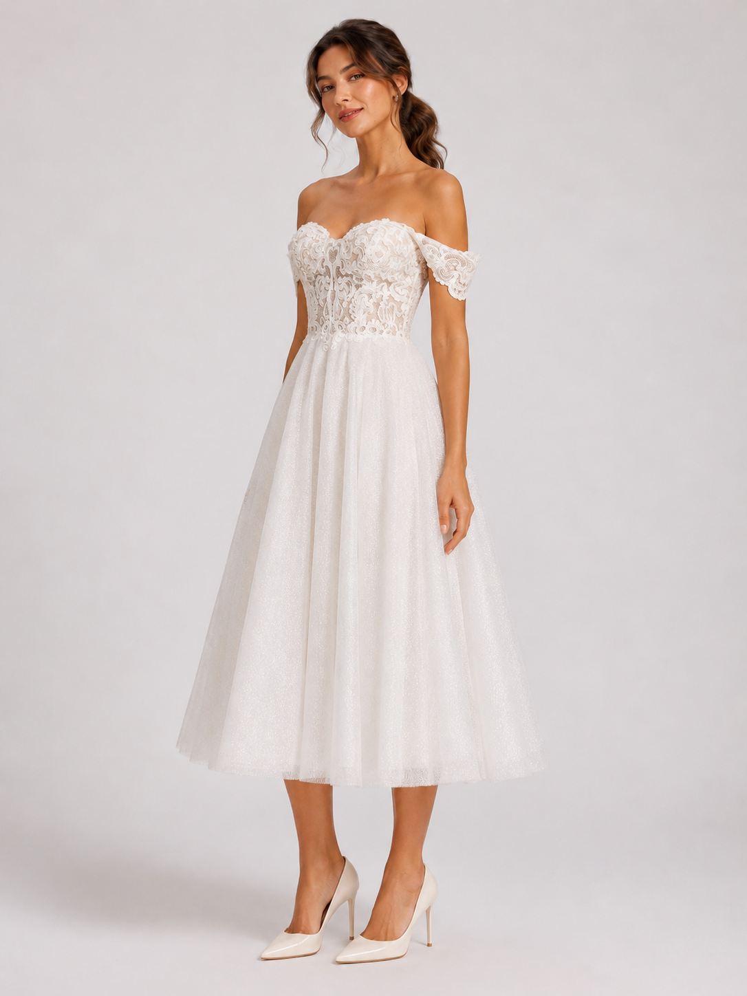 Elegant Off-the-Shelf Lace Bodice Glitter Tulle Midi Wedding Dress with Lace-Up Back