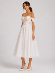 Elegant Off-the-Shelf Lace Bodice Glitter Tulle Midi Wedding Dress with Lace-Up Back