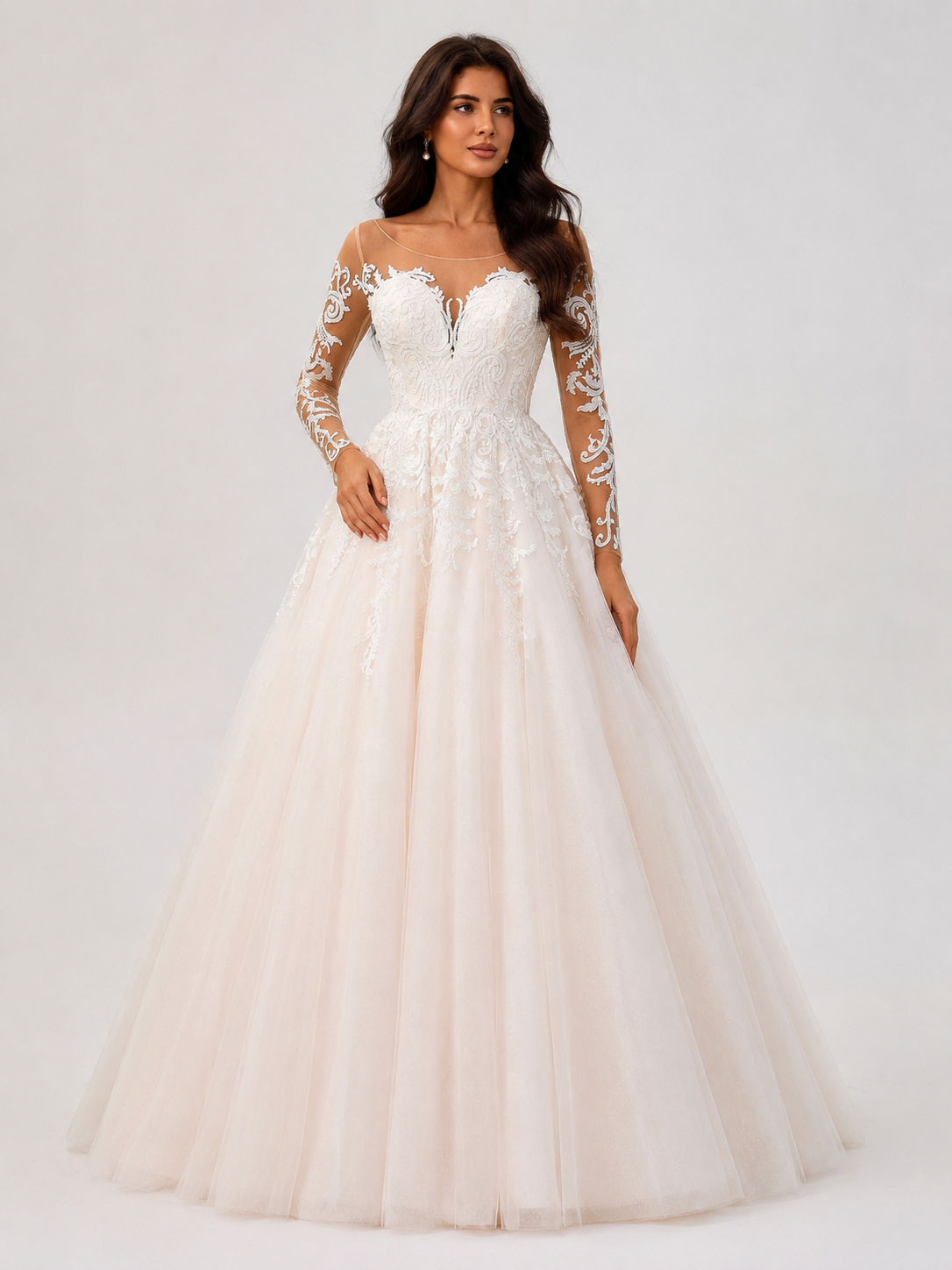 Elegant Illusion Long-Sleeve Lace Tulle A-Line Wedding Dress with Chapel Train