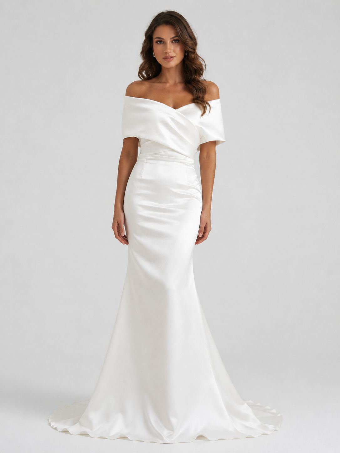 Elegant Off-the-Shoulder Draped Satin Sheath Wedding Dress with Detachable Overskirt and Chapel Train