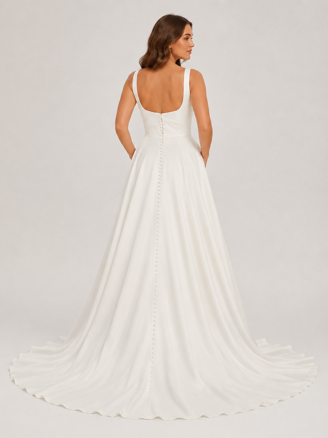 Elegant Square Neckline Pleated Satin A-Line Wedding Dress with Chapel Train