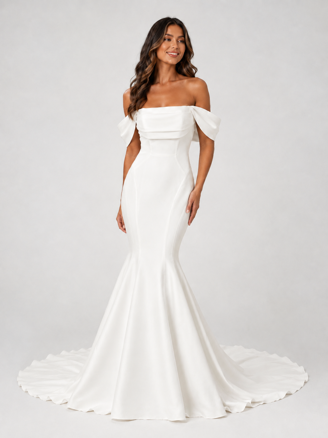 Elegant Off-the-Shoulder Draped Satin Mermaid Wedding Dress with Chapel Train