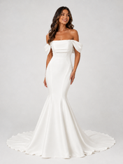 Elegant Off-the-Shoulder Draped Satin Mermaid Wedding Dress with Chapel Train