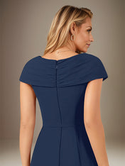 Dark Navy Chiffon V-Neck Short Sleeves Floor Length Dress