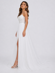 Elegant Spaghetti Strap Corset Tulle A-Line Wedding Dress with High Slit and Sweep Train