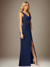 Dark Navy Chiffon V-Neck Sleeveless Floor Length Dress With High Slit