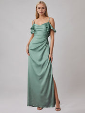 Ice Blue Sheath/Column Satin Spaghetti Straps Sleeveless Floor Length Dress