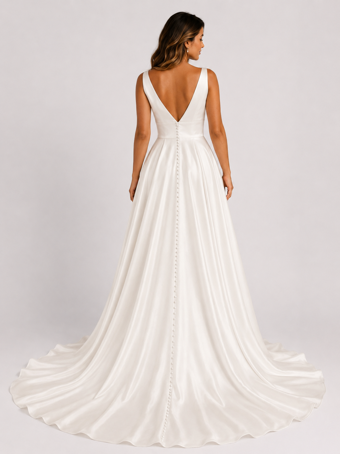Elegant Plunging V-Neck Satin A-Line Wedding Dress with Chapel Train