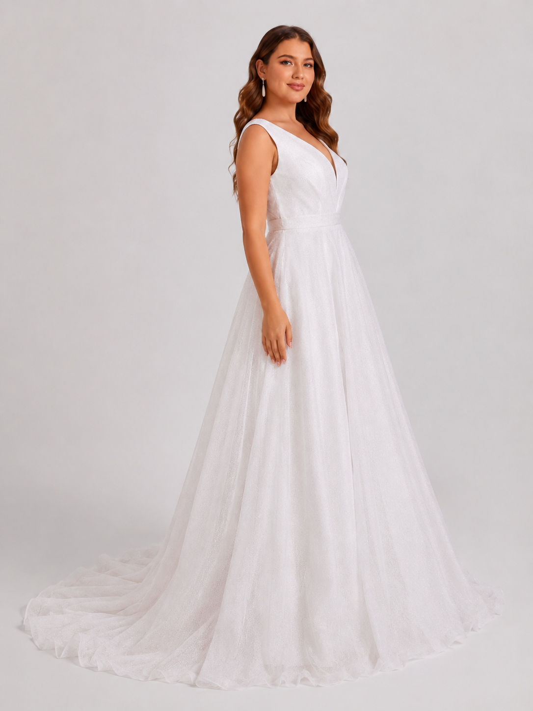 Elegant V-Neck Sparkly Tulle A-Line Wedding Dress with Chapel Train