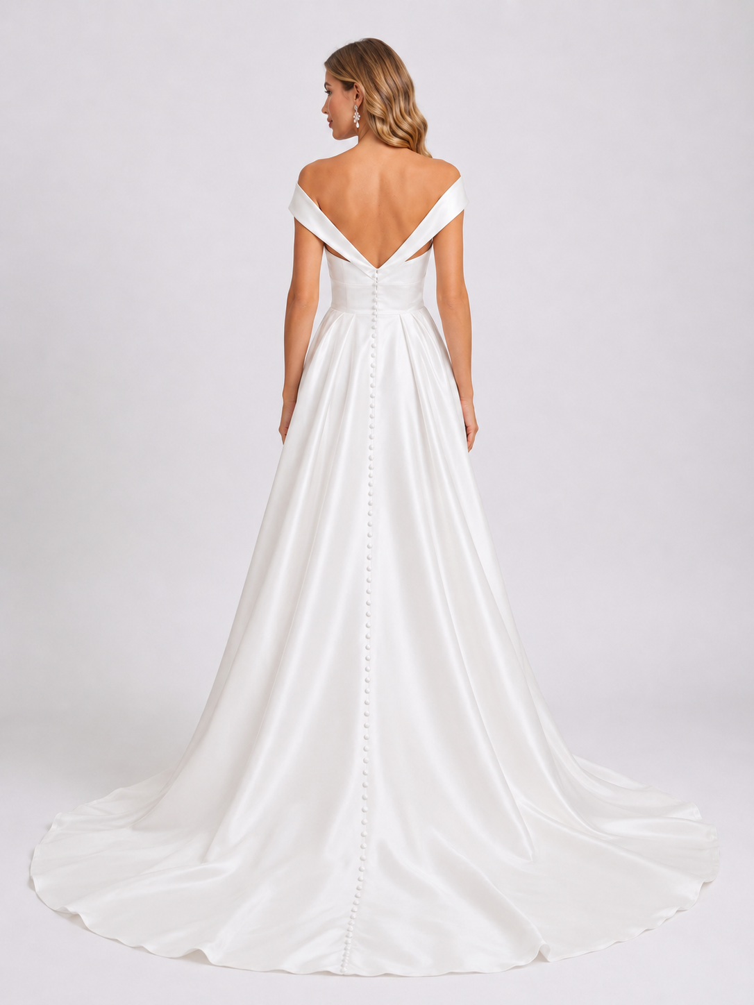 Elegant Off-the-Shoulder V-Neck Ruched Satin A-Line Wedding Dress with High Slit and Chapel Train