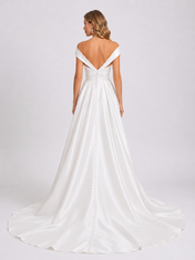 Elegant Off-the-Shoulder V-Neck Ruched Satin A-Line Wedding Dress with High Slit and Chapel Train