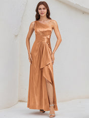 A Line Satin One Shoulder Sleeveless Floor Length Dress With Slit