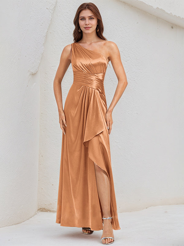 A Line Satin One Shoulder Sleeveless Floor Length Dress With Slit