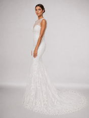 Elegant Illusion High-Neck Lace Mermaid Wedding Dress with Sweep Train