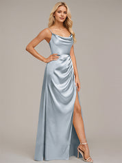 Dusty Blue Sheath/Column Spaghetti Straps Floor-Length Satin Bridesmaid Dress