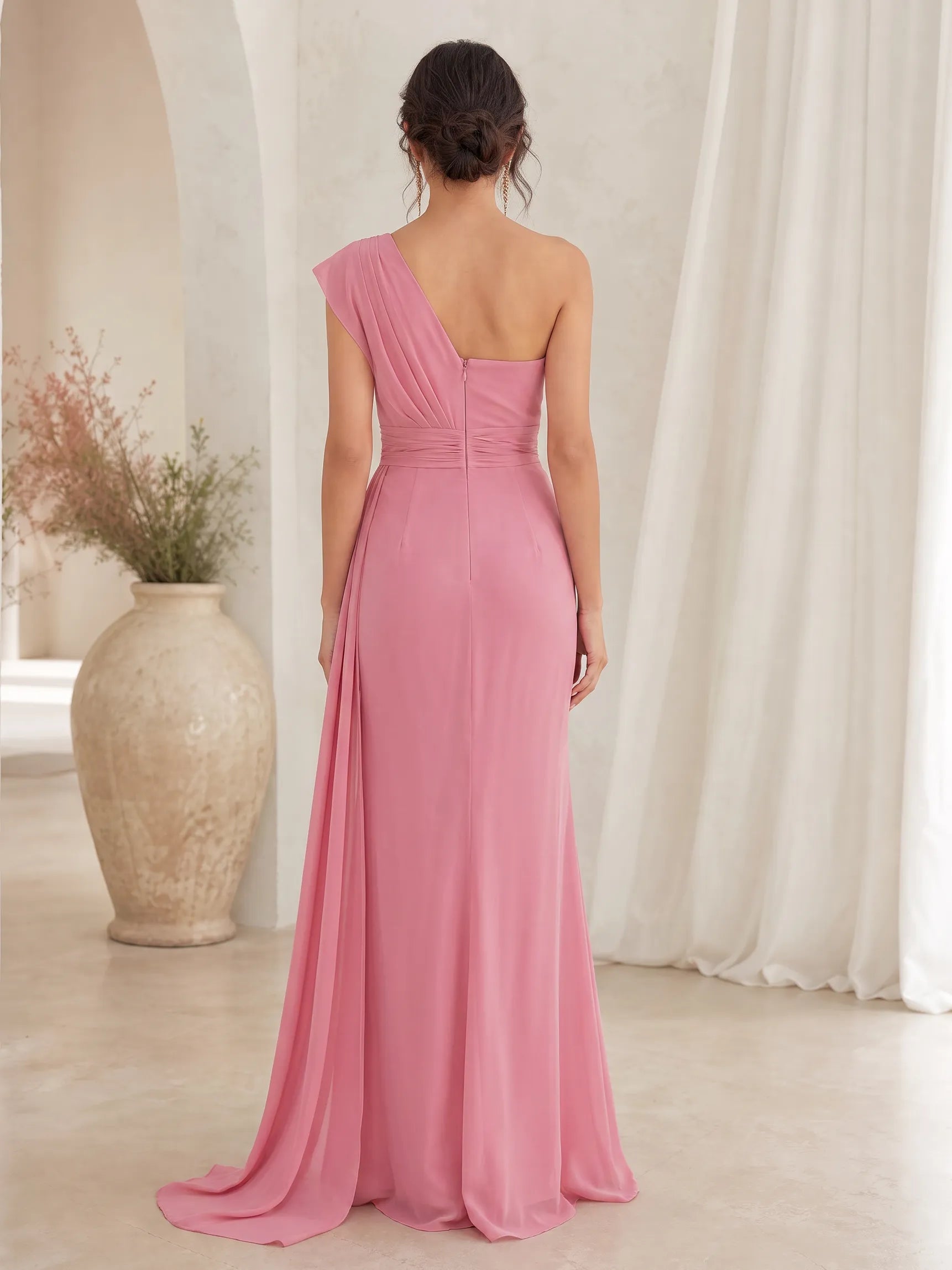 One-Shoulder Pleated Column Gown with Draped Sash Bridesmaid Dress