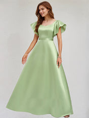 A Line Sage Satin Asymmetrical Neck Floor Length Dress With Ruffle Sleeves