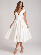 Elegant V-Neck Ruched Satin A-Line Wedding Dress with Open Back and Midi Hem