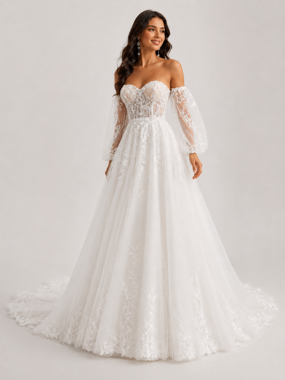 Elegant Off-the-Shoulder Sweetheart Lace Tulle A-Line Wedding Dress with Detachable Bishop Sleeves and Chapel Train