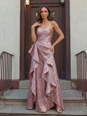 Strapless Sweetheart Metallic Ruffled Sleeveless Evening Dress