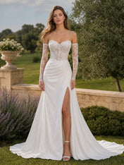 Sweetheart Lace Corset Slit Gown with Detachable Sleeves Wedding Dress
