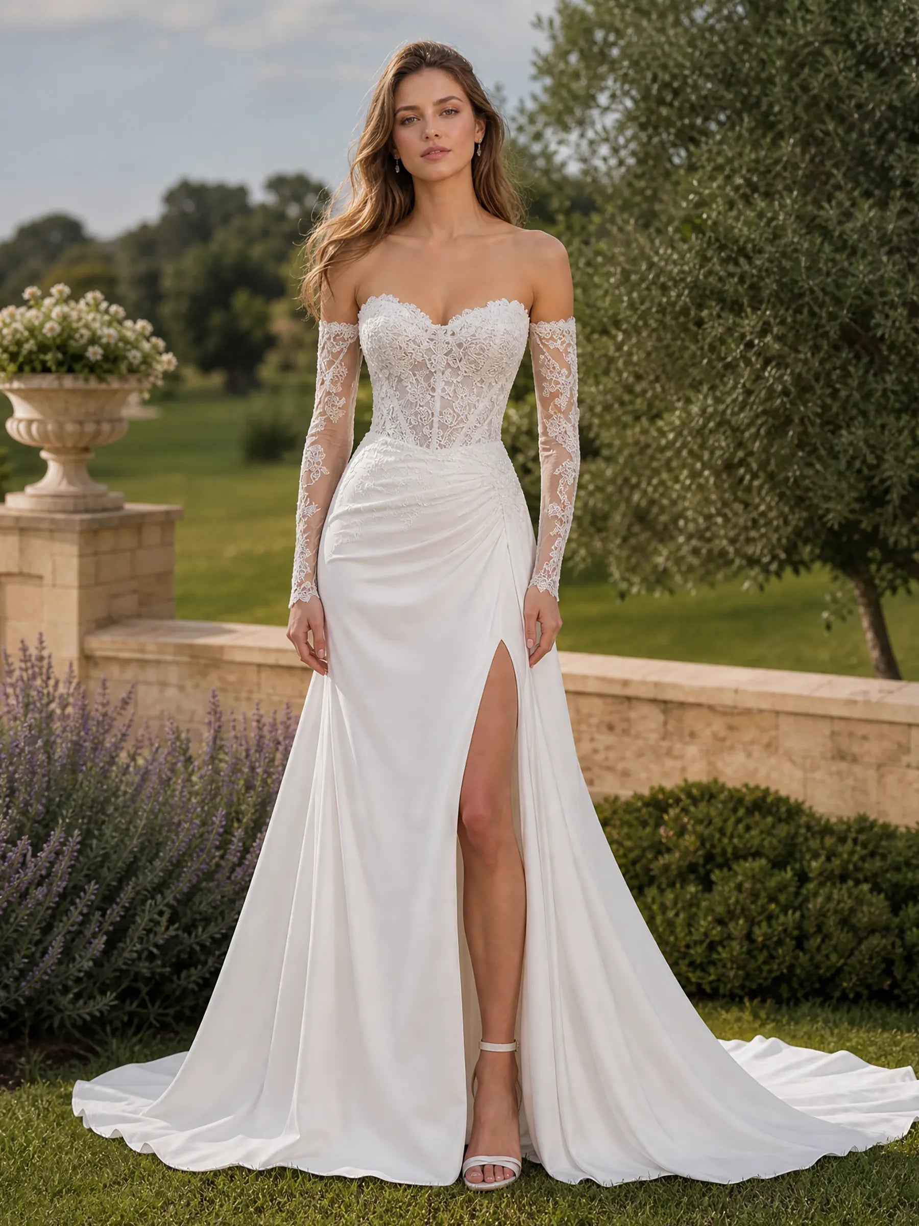 Sweetheart Lace Corset Slit Gown with Detachable Sleeves Wedding Dress