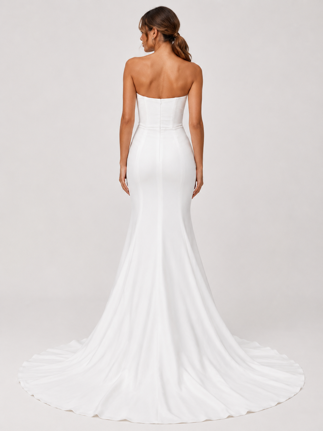 Elegant Strapless Ruched Satin Mermaid Wedding Dress with Exposed Boning and Chapel Train