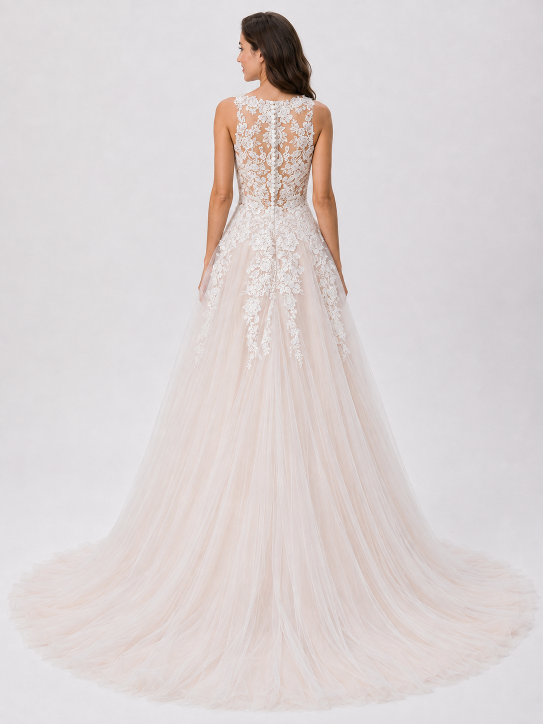 Elegant Illusion V-Neck Lace Applique A-Line Wedding Dress with Chapel Train