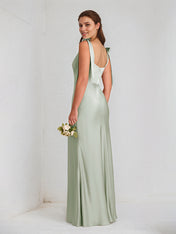 Sage Satin Spaghetti Straps Sleeveless Floor Length Dress With High Slit