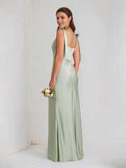 Sage Satin Spaghetti Straps Sleeveless Floor Length Dress With High Slit