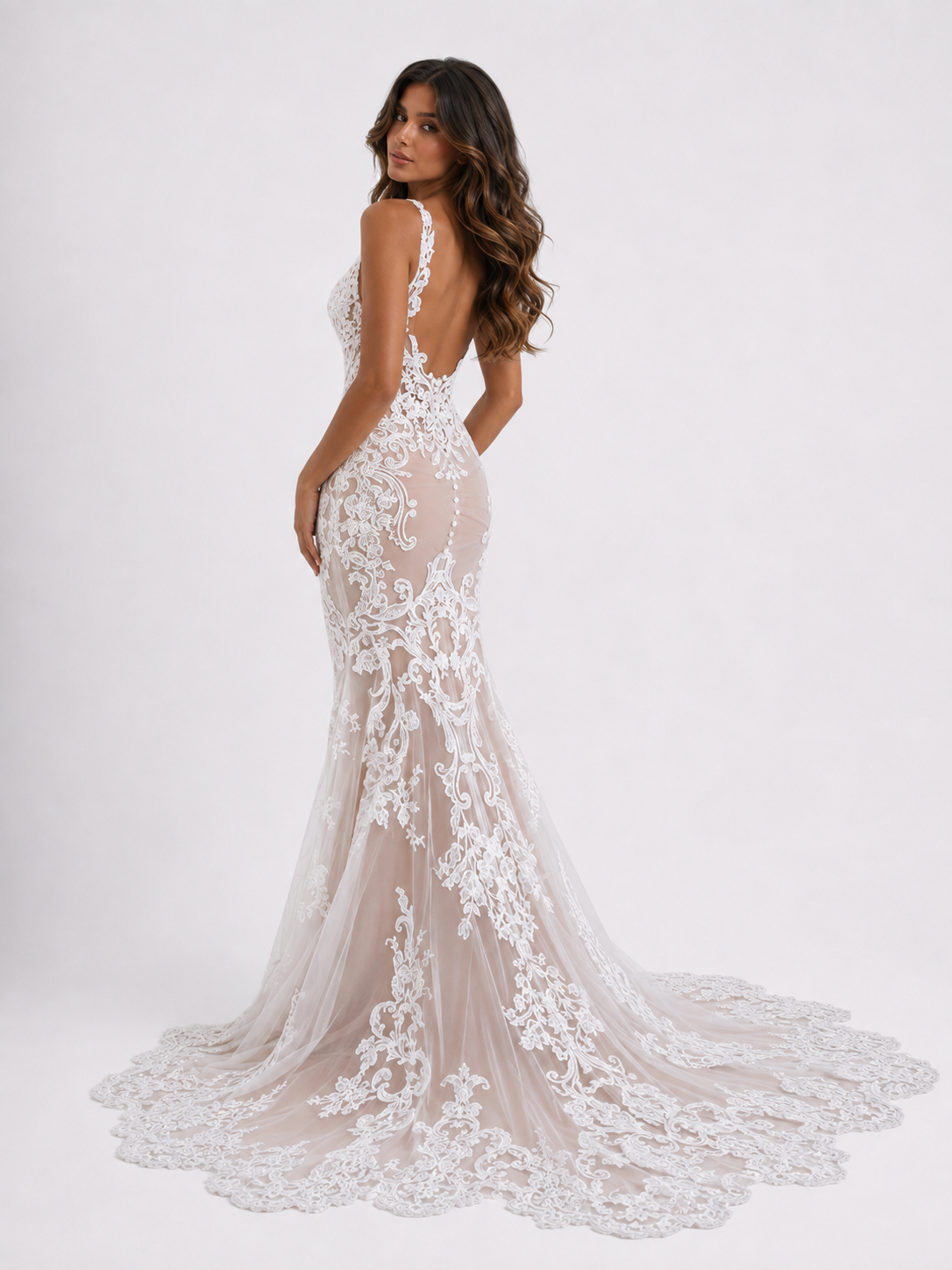Elegant Illusion V-Neck Lace Appliqué Mermaid Wedding Dress with Chapel Train