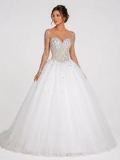 Beaded Illusion Long Sleeve Tulle A-Line Wedding Dress with Sweep Train