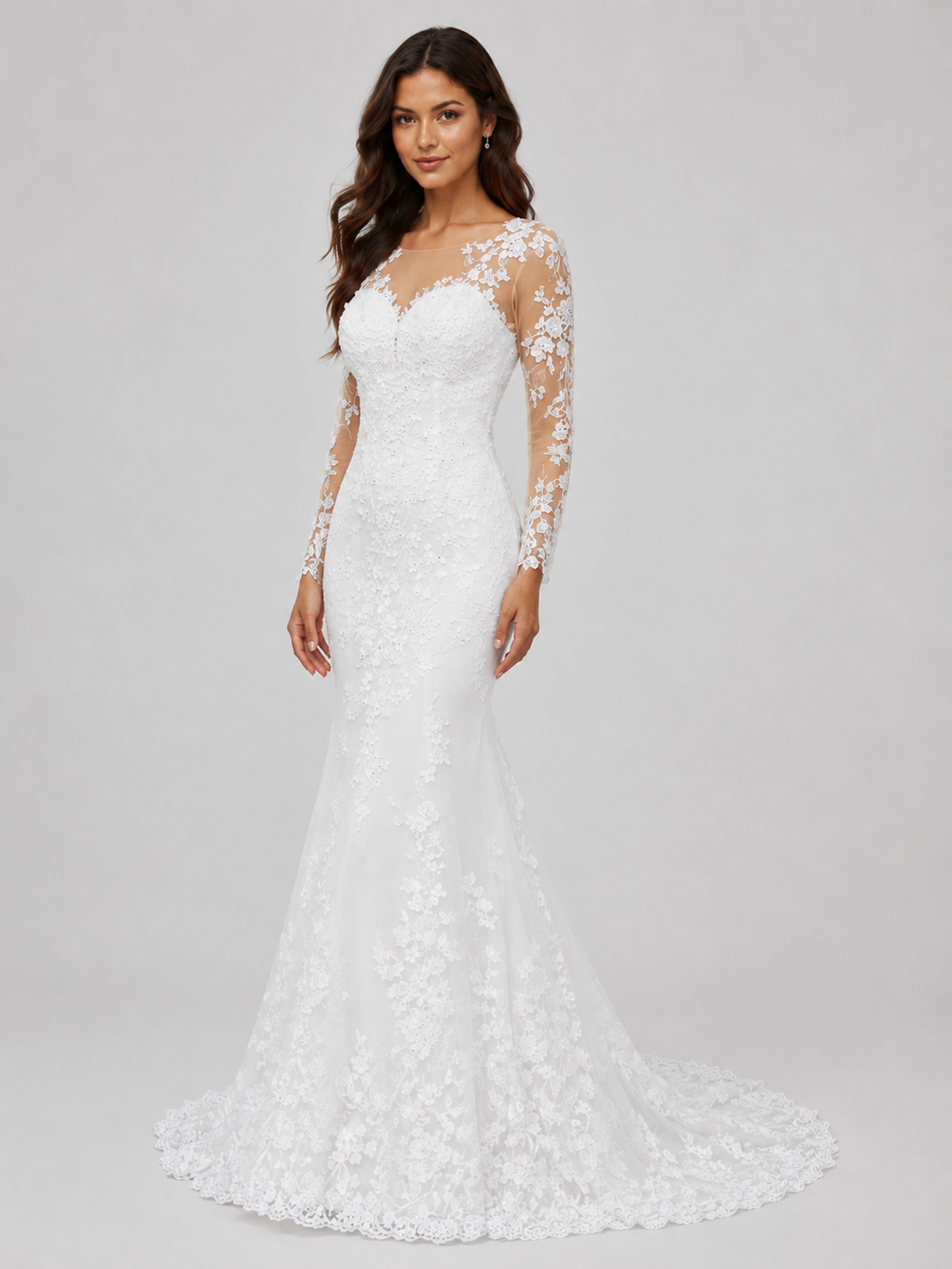 Elegant Illusion Long-Sleeve Lace Mermaid Wedding Dress with Keyhole Back and Sweep Train