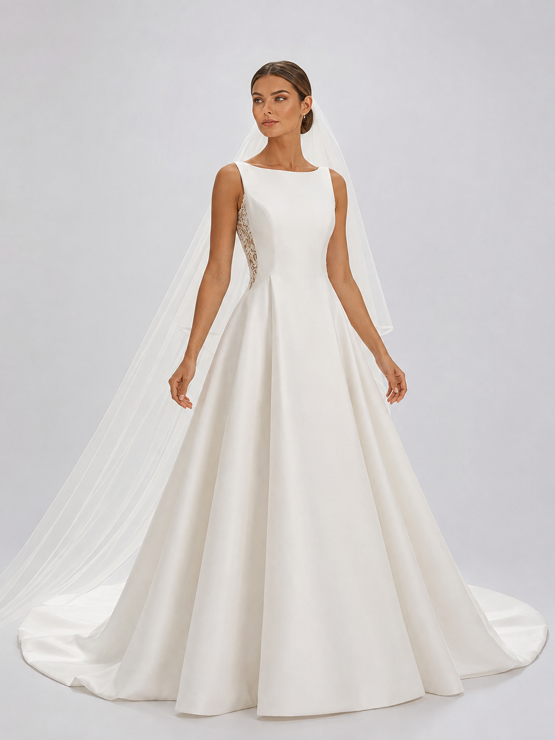 Elegant Lace Panel Satin A-Line Wedding Dress with Chapel Train