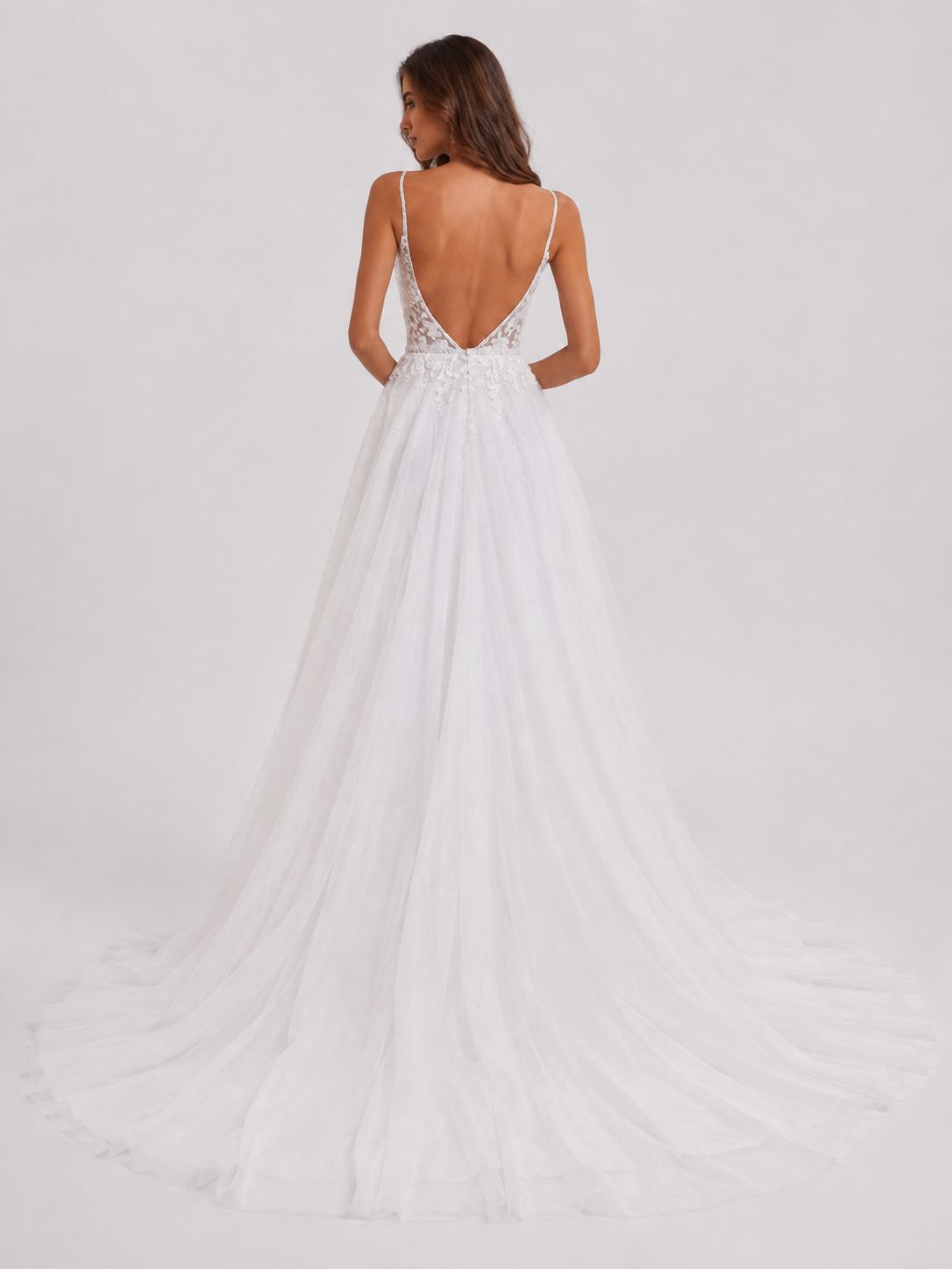 Elegant Spaghetti Strap V-Neck Lace Applique Tulle A-Line Wedding Dress with Chapel Train