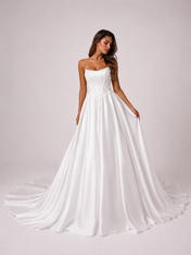Elegant Strapless Embroidered Bodice Satin A-Line Wedding Dress with Chapel Train