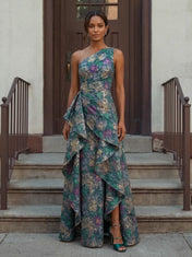 One-Shoulder Floral Brocade Cascading Ruffle Evening Dress