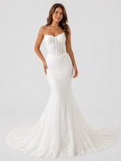 Elegant Strapless Exposed Corset Lace Mermaid Wedding Dress with Chapel Train