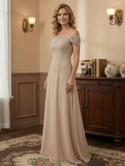 Elegant Taupe Off The Shoulder Sheath Mother of the Bride Dress with Lace