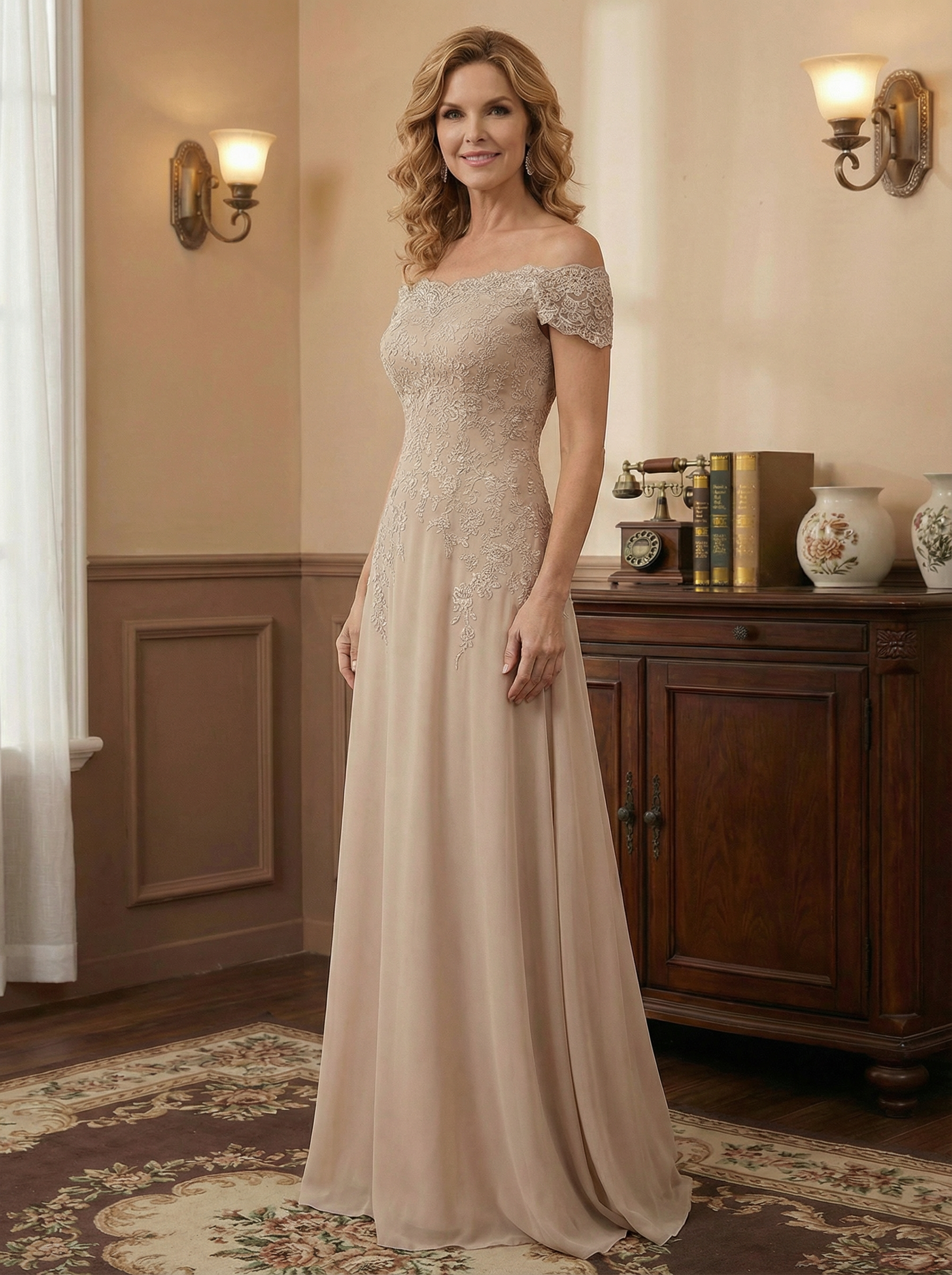 Elegant Taupe Off The Shoulder Sheath Mother of the Bride Dress with Lace