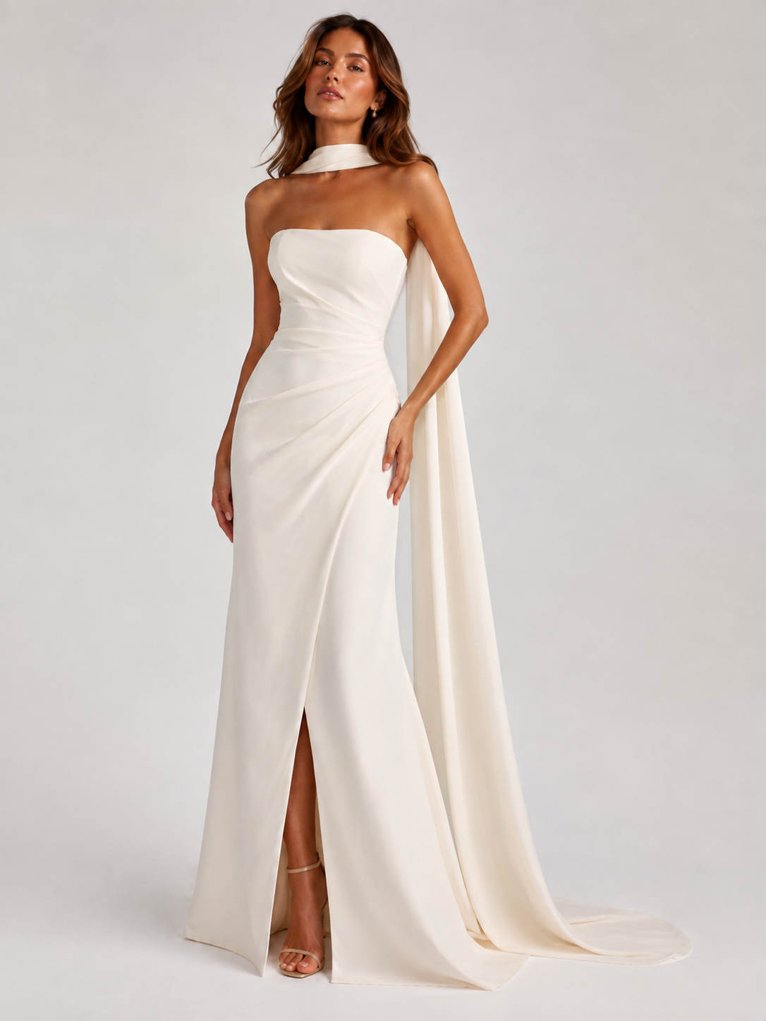 Elegant Strapless Straight-Neck Ruched Sheath Wedding Dress with Draped Neck Scarf and Sweep Train